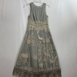 Anthropologie Leifsdottir Dress Womens 6 Gray Embroidered Fringe Hem